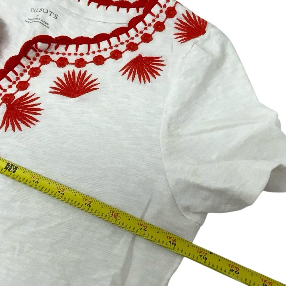 Talbots Womens Medium Top Red White Embroidered Floral Palm Tee Short Sleeve - Picture 9 of 12